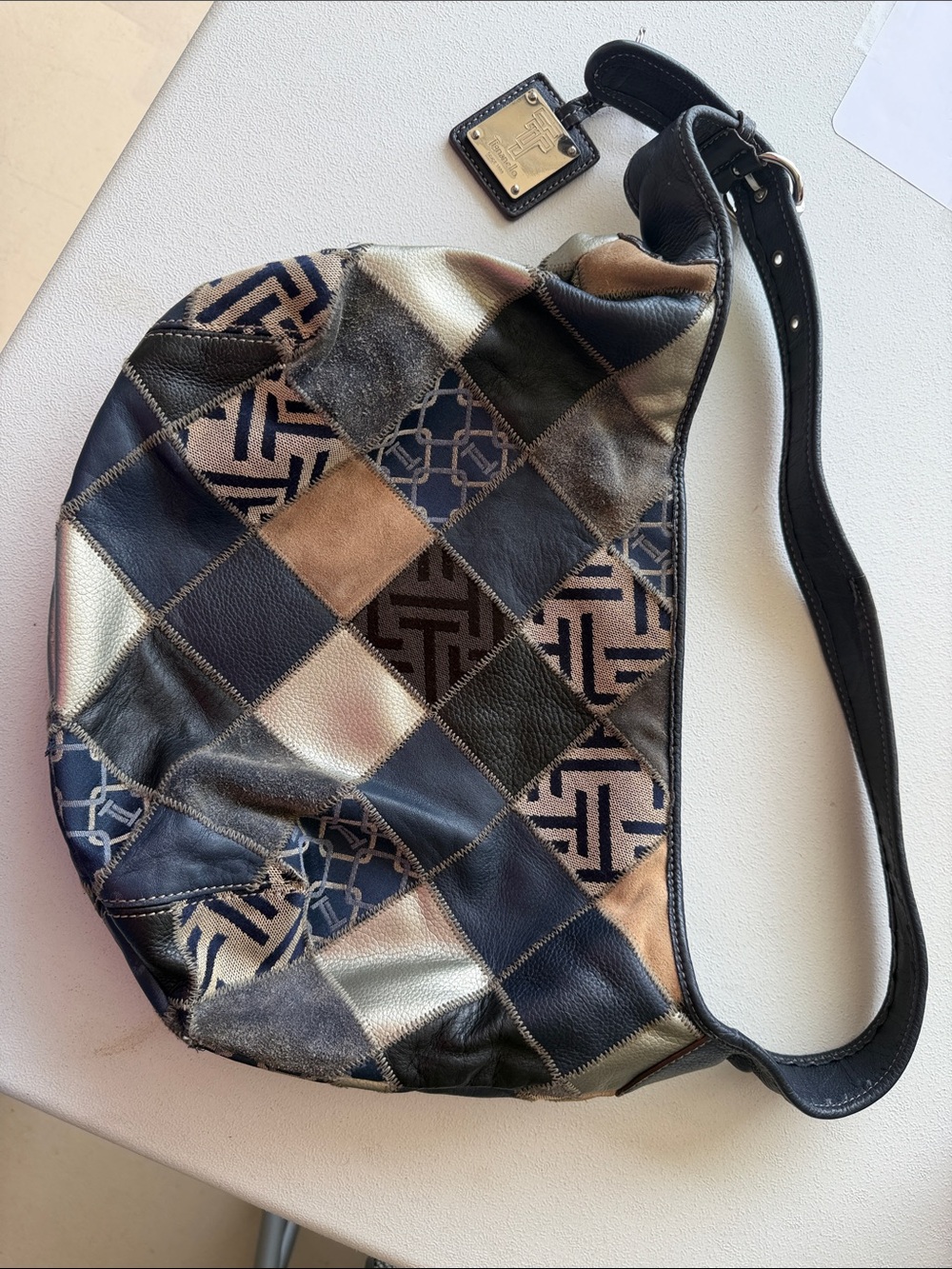 Tiganello Patchwork Leather Shoulder Bag in Black, Tan & Navy